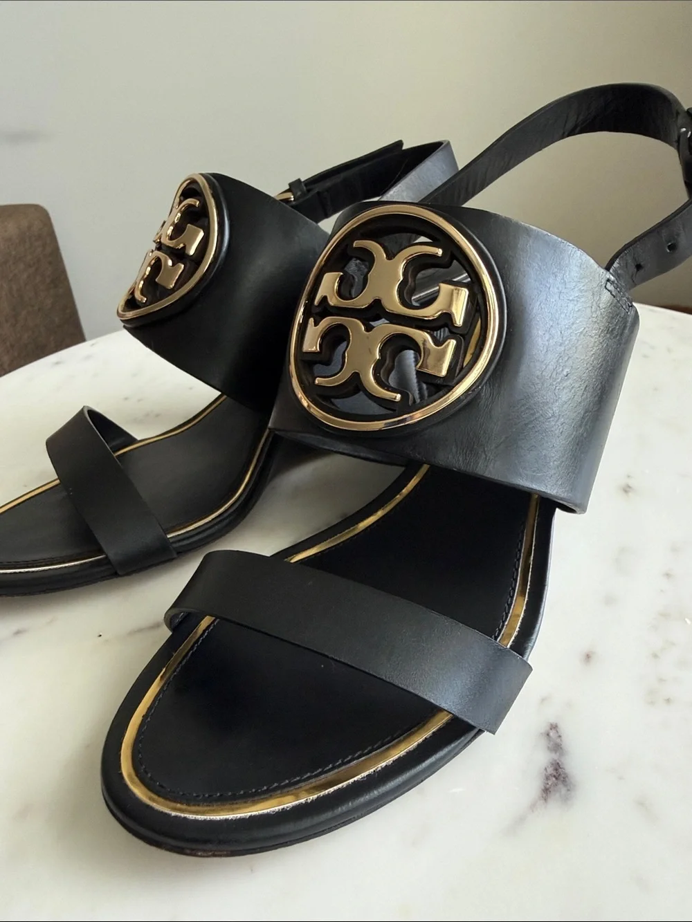 Tory Burch Miller Black Wedge Sandals with Gold Emblem Size 7.5